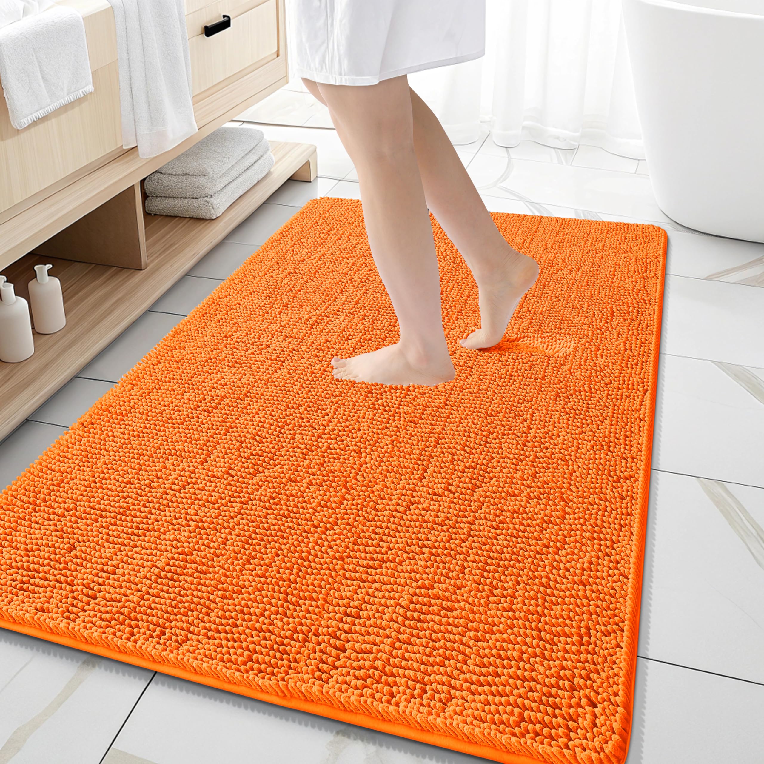 OLANLY Large Bathroom Rugs 59x35, Extra Soft Absorbent Chenille Bath Rugs | Orange, Quick-Drying Rubber Backing, Machine Washable Bath Mat for Bathroom Floor, Tub and Shower, Home Decor Accessories