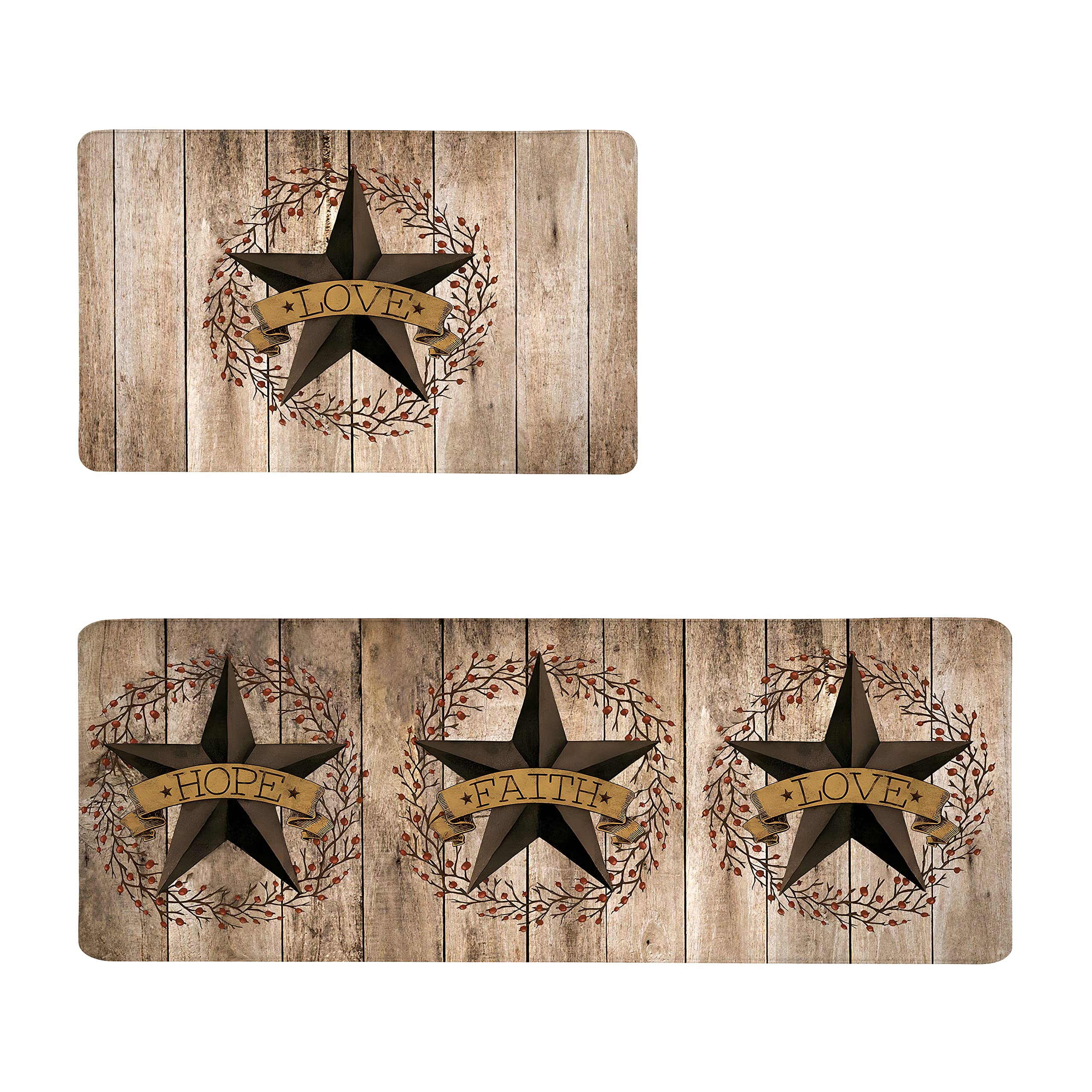 Western Rustic Kitchen Rugs Mat Set of 2 Cushioned Anti Fatigue Kitchen Mats for Floor Farmhouse Country Kitchen Floor Mat Texas Star Non Slip Waterproof Comfort Standing Mats, Brown, 17"x28"+17"x47"