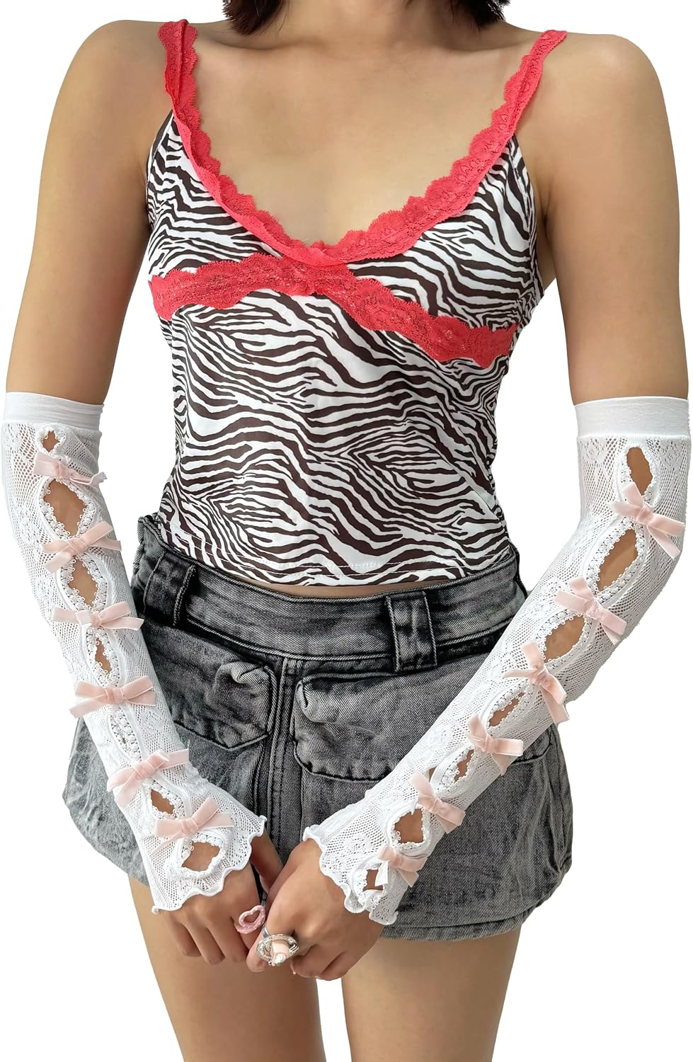 Womens Gothic Arm Sleeves Mesh Lace Fingerless Gloves, Y2K Bowtie Arm Warmers Grunge Goth Accessories