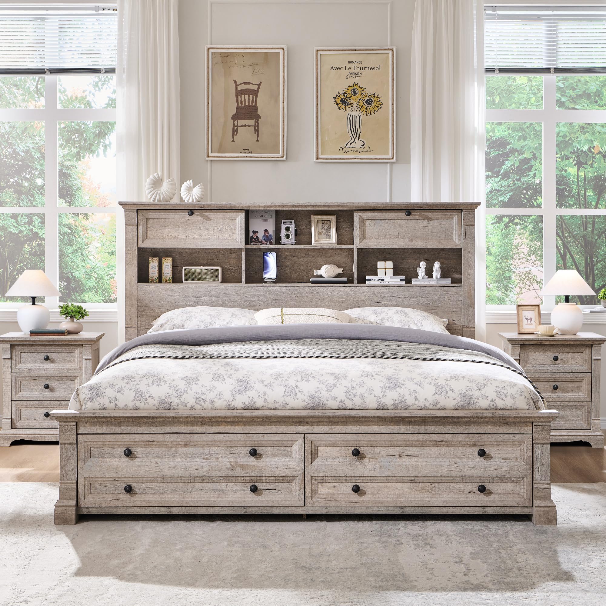 T4TREAM Queen Farmhouse with 54 Headboard and Charging Station