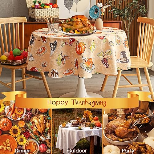 Miniatura 7 de Mantel redondo de Acción de Gracias  Mantel decorativo de calabaza y pavo, resistente al agua y lavable para fiestas, cocina, comedor en interiores,