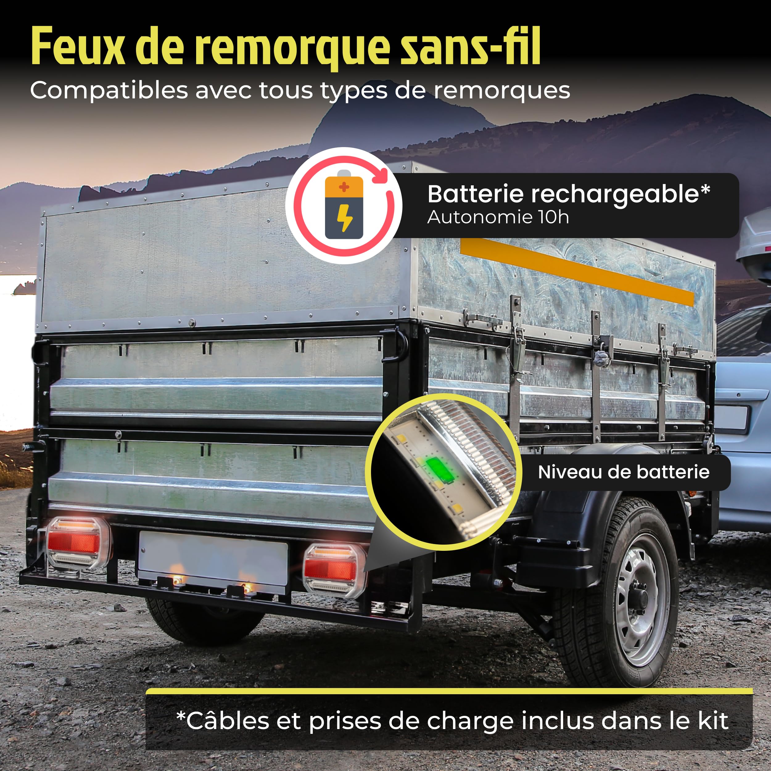 KIODEN - Feux de Remorque Led Sans Fil, Feux Arriere Remorque Etanche, Inclut Adaptateur 7 et 13 Broches, Fixation Magnétique Forte, Système Anti-chute, Feu Remorque Led