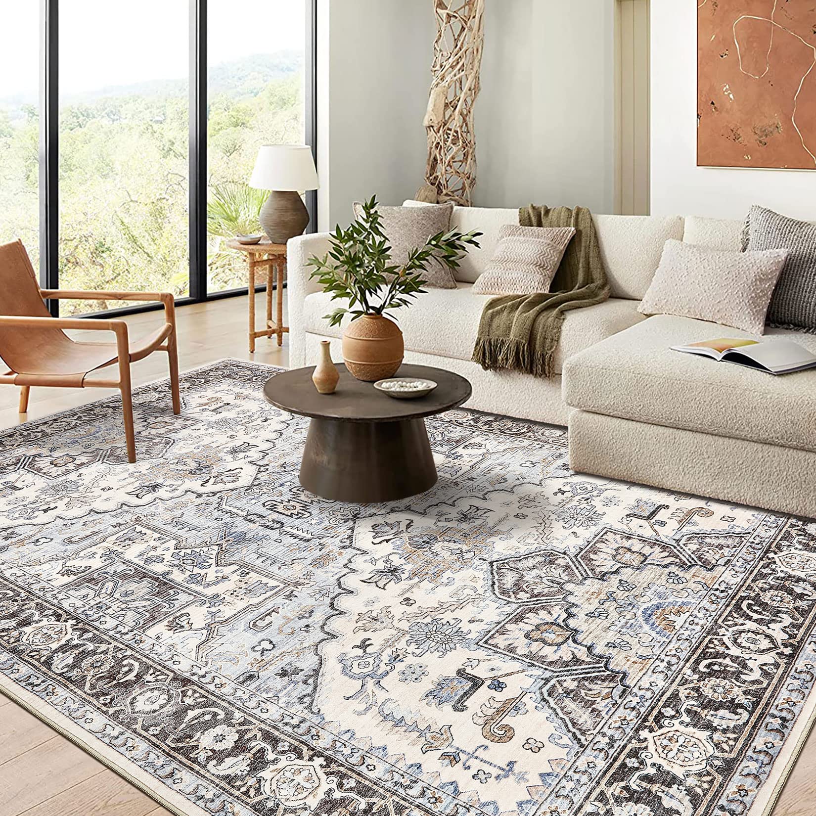 Area Rug Living Room Rugs - 9x12 Soft Machine Washable Oriental Persian Floral Distressed Rug Large Indoor Floor Carpet for Bedroom Under Dining Table Home Office Decor - Cream Blue