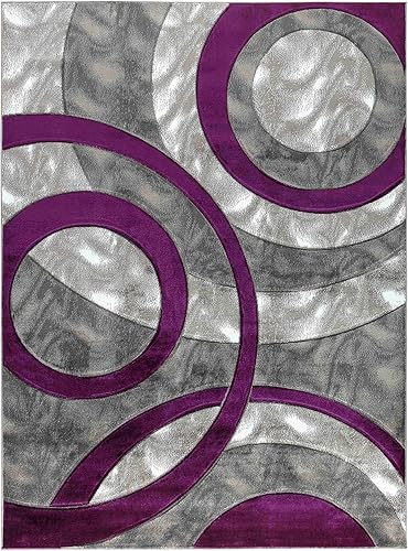 GLORY RUGS Alfombra moderna de 2 x 7 pulgadas, diseño geométrico de círculos morados, suave, tallada a mano, contemporánea, textura esponjosa para
