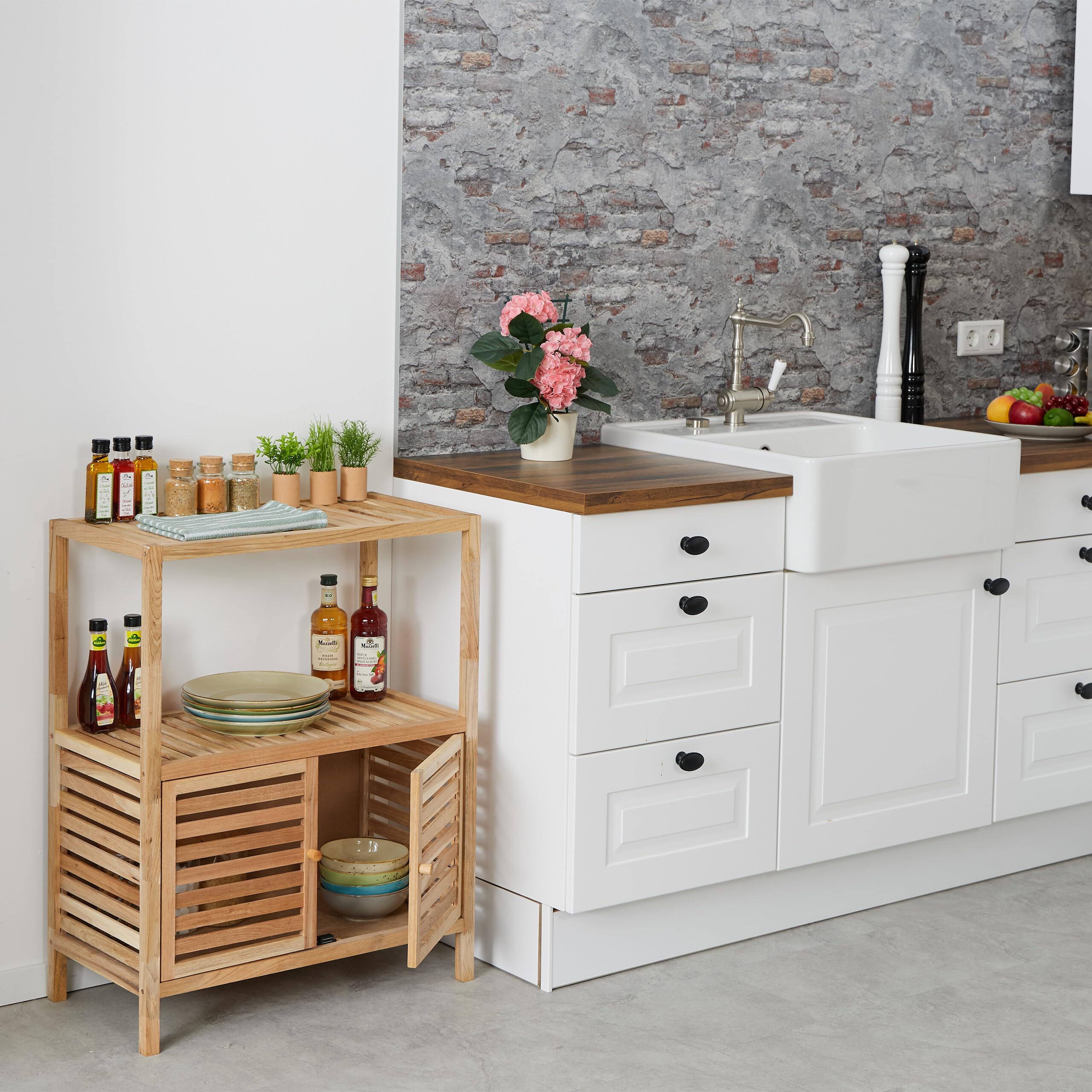 Relaxdays Mueble de Baño, Madera Nogal, 86x67,5x35,5 cm, Estantería Aseo con 2 Puertas, 2 Baldas, WC y Cocina, Natural