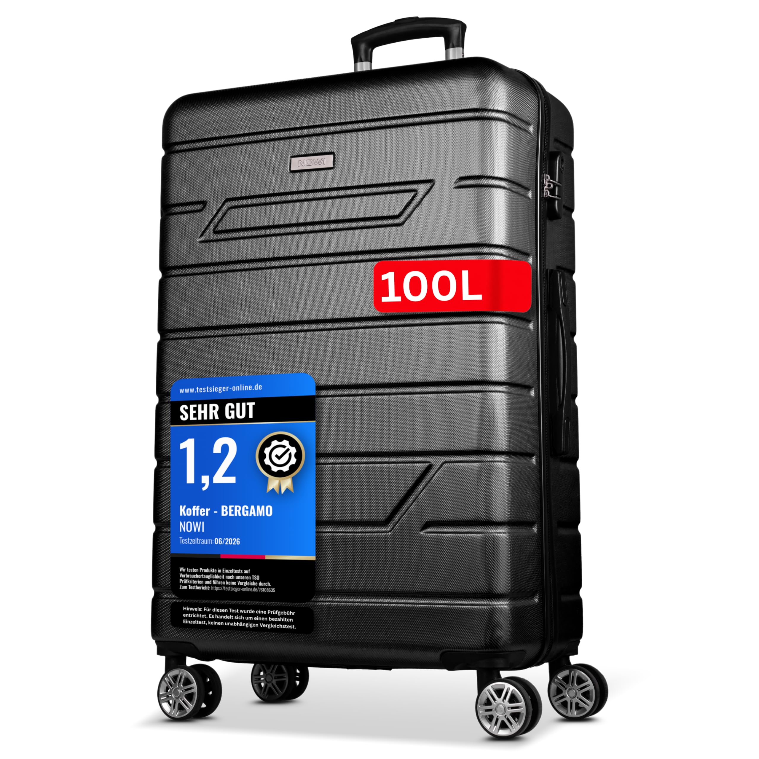 NOWI Hartschalenkoffer XL Groß - 100L Volumen - 158cm Gurtmaß - 8 Rollen 360° drehbar - Leichter Koffer mit Zahlenschloss & Teleskopgestänge - Reisekoffer mit Rollen, Trolley (schwarz, XL)