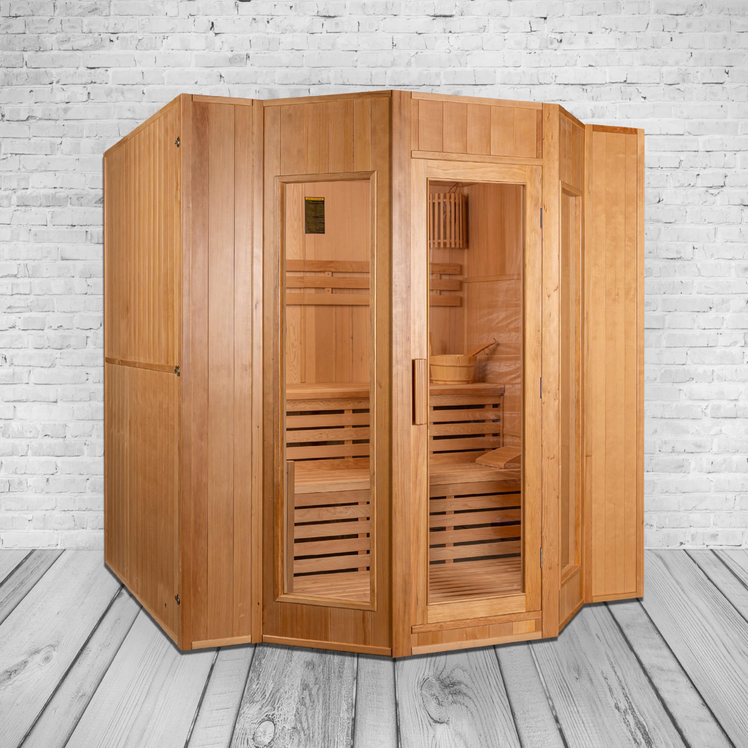 Sauna fińska Alaska III – 5 osób, piec do sauny Harvia 8000 W, wysokiej jakości drewno hemlockowe, panoramiczne drzwi szklane, oświetlenie LED, ergonomiczne ławki, energooszczędne, łatwy montaż