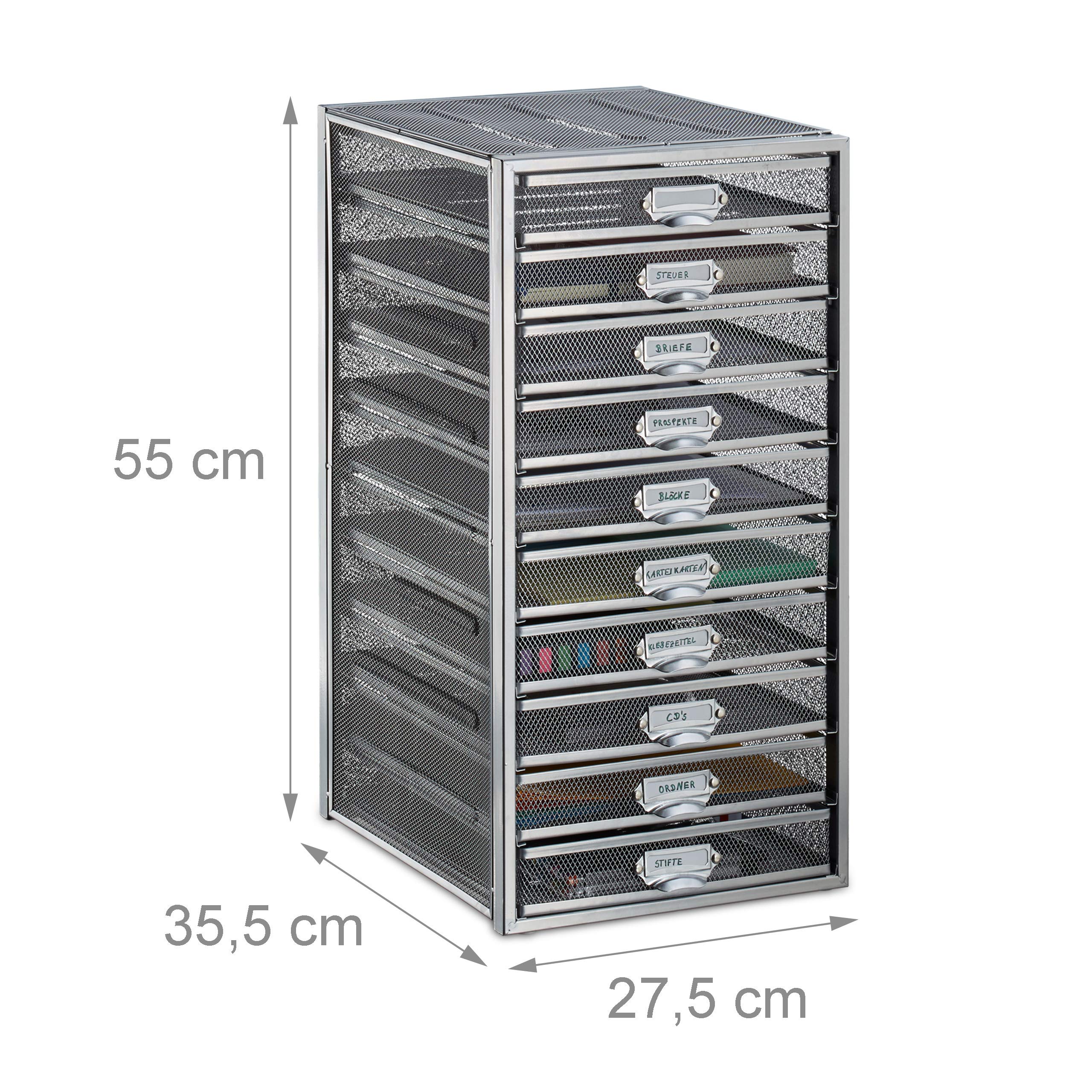 Relaxdays Cassettiera da Scrivania, 10 Cassetti, Formato DIN A4, Porta-Documenti, Box per Lettere e Corrispondenza, Argento, 55 x 27,5 x 35,5 cm