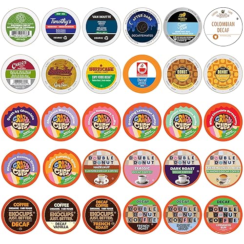 Cápsulas de café descafeinado, paquete variado de muestra, cápsulas de café sin sabor y saborizadas, compatibles con cafeteras Keurig K, cápsulas de