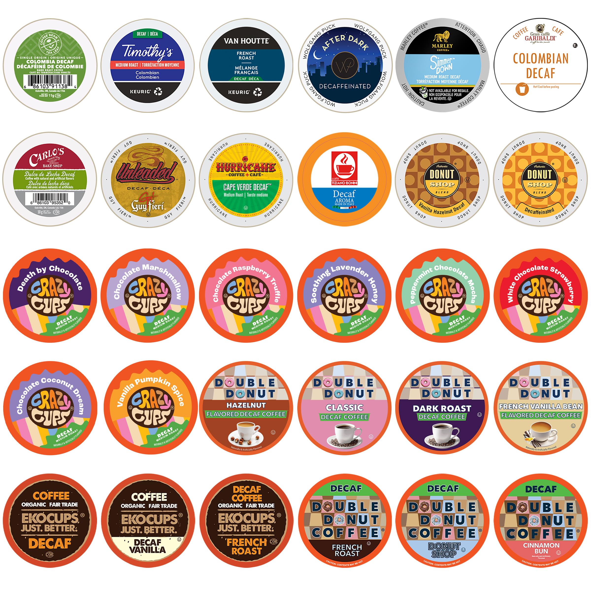 Decaf Coffee Pods Variety Pack Sampler, Assorted Unflavored & Flavored Coffee Pods Compatible with Keurig K Cups Brewers, Decaffeinated Coffee Capsules, 30 Count - No Duplicates (Pack of 1)