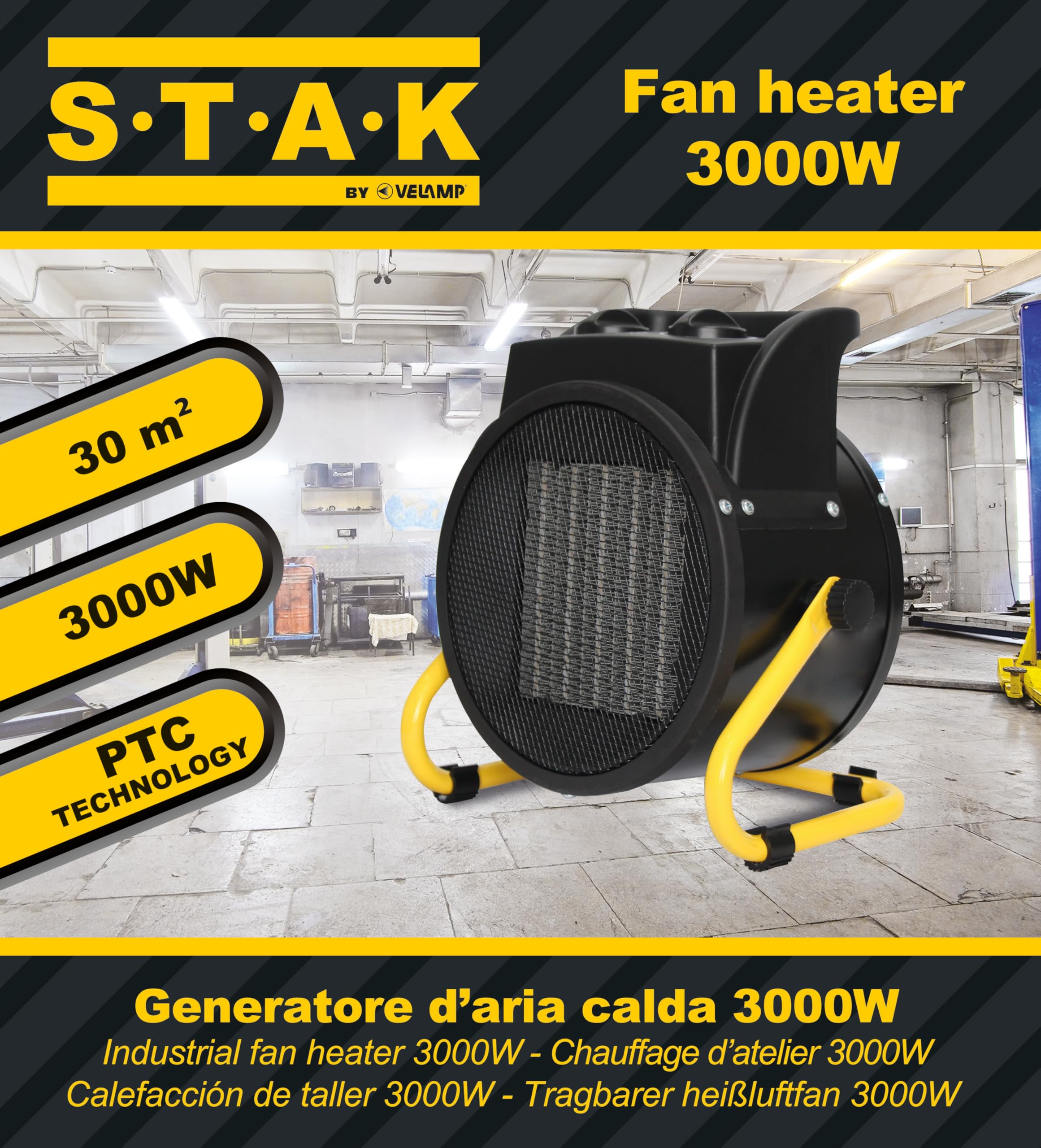 Stak termoventilatore da officina 3000W – generatore d’aria calda con elemento riscaldante in ceramica – Protezione IP20 con funzione ventilatore e testa inclinabile