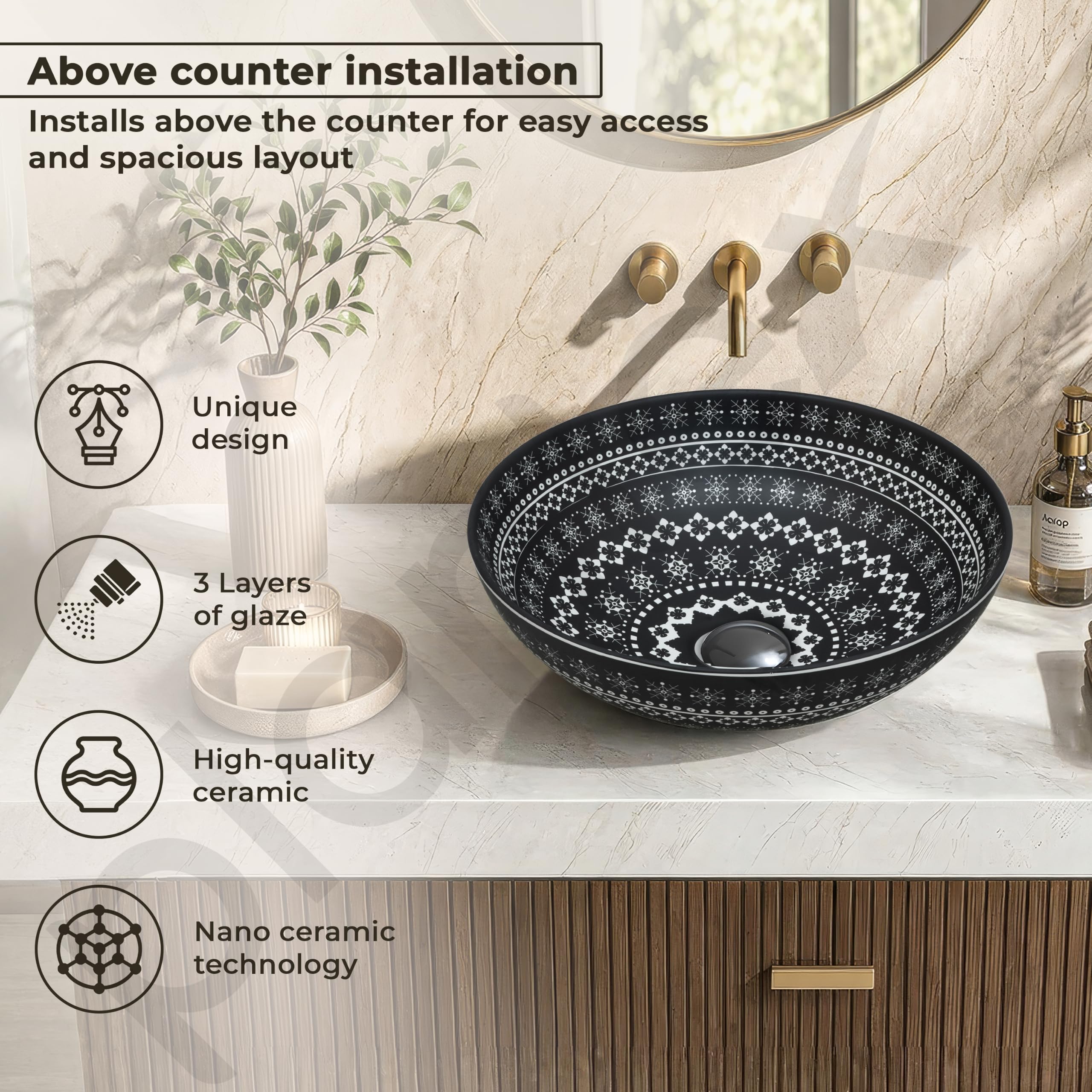 Plantex Ceramic Round Wash Basin for Bathroom/Designer Table Top Washbasin/Countertop Hand Basin for Restaurant/Hotel (15.5x15.5x4.5 Inch - Black & White)
