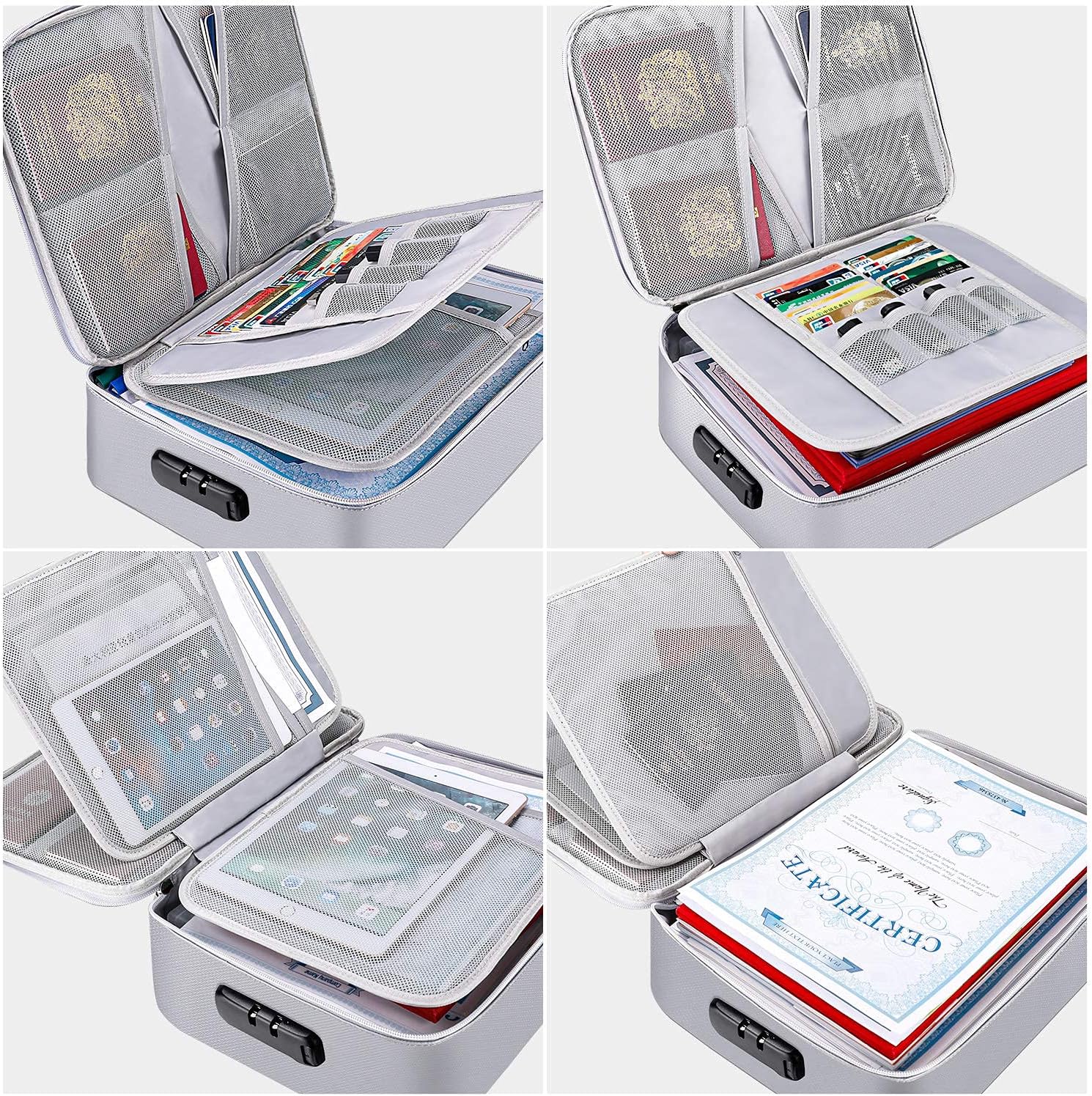 SMART CARRIE Fireproof Document Bags with Lock, 15"x11"x4" IPX4 Waterproof File Organizer, Storage Safe Bag for File Passport Cash Card (Silver) - - 