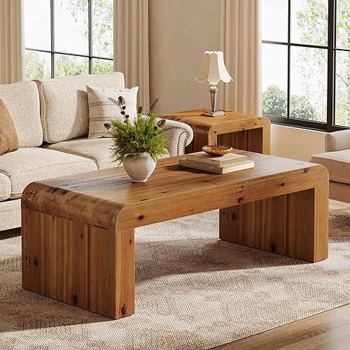 Mesa de centro de madera maciza, mesa central rectangular de granja de 47 pulgadas con estructura resistente, mesa de té grande moderna de mediados