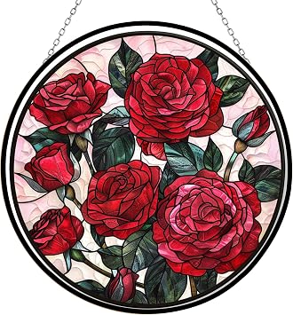 Valentine Rose Stained Glass Window Hanging Sun Catcher Halloween Haning Ornament Decoration Christmas Birthday Gifts for Lover Friends Mothers Day