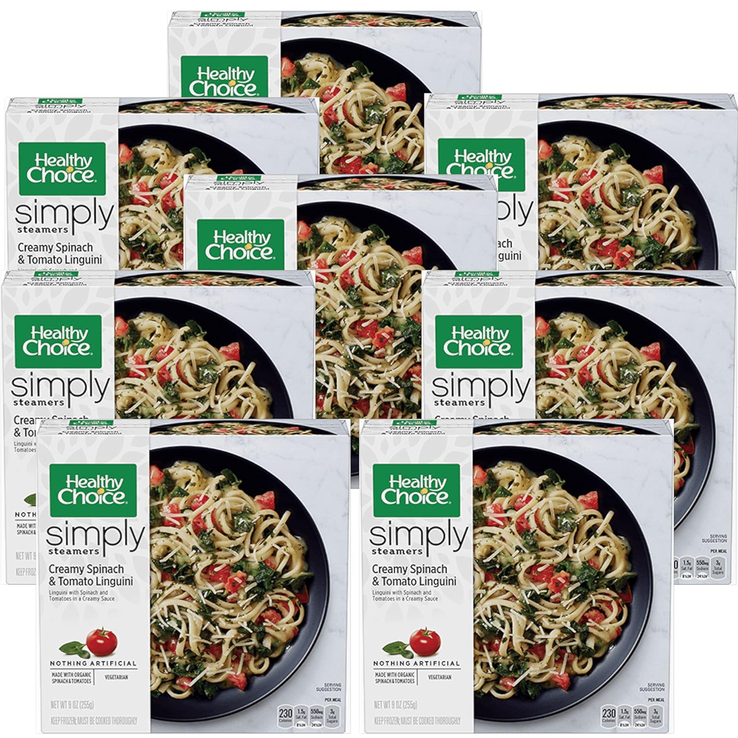 Healthy Choice Frozen Simply Organic Creamy Spinach and Tomato Linguini - Nothing Artificial - 230 Calories - Ready Set Gourmet Donate a Meal Program - 8 Pack (9oz Each)