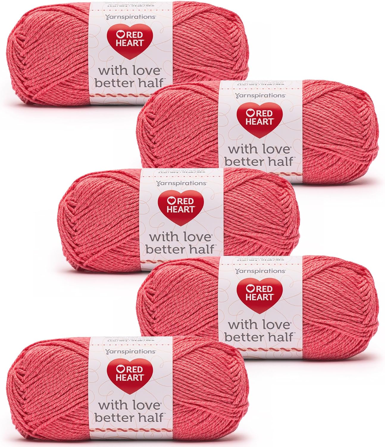 Red Heart with Love Better Half Hibiscus Yarn - 5 Pack of 100g/3.5oz - 50% Acrylic 50% Cotton - #4 Worsted (Medium) - 174 Yards - Knitting/Crochet