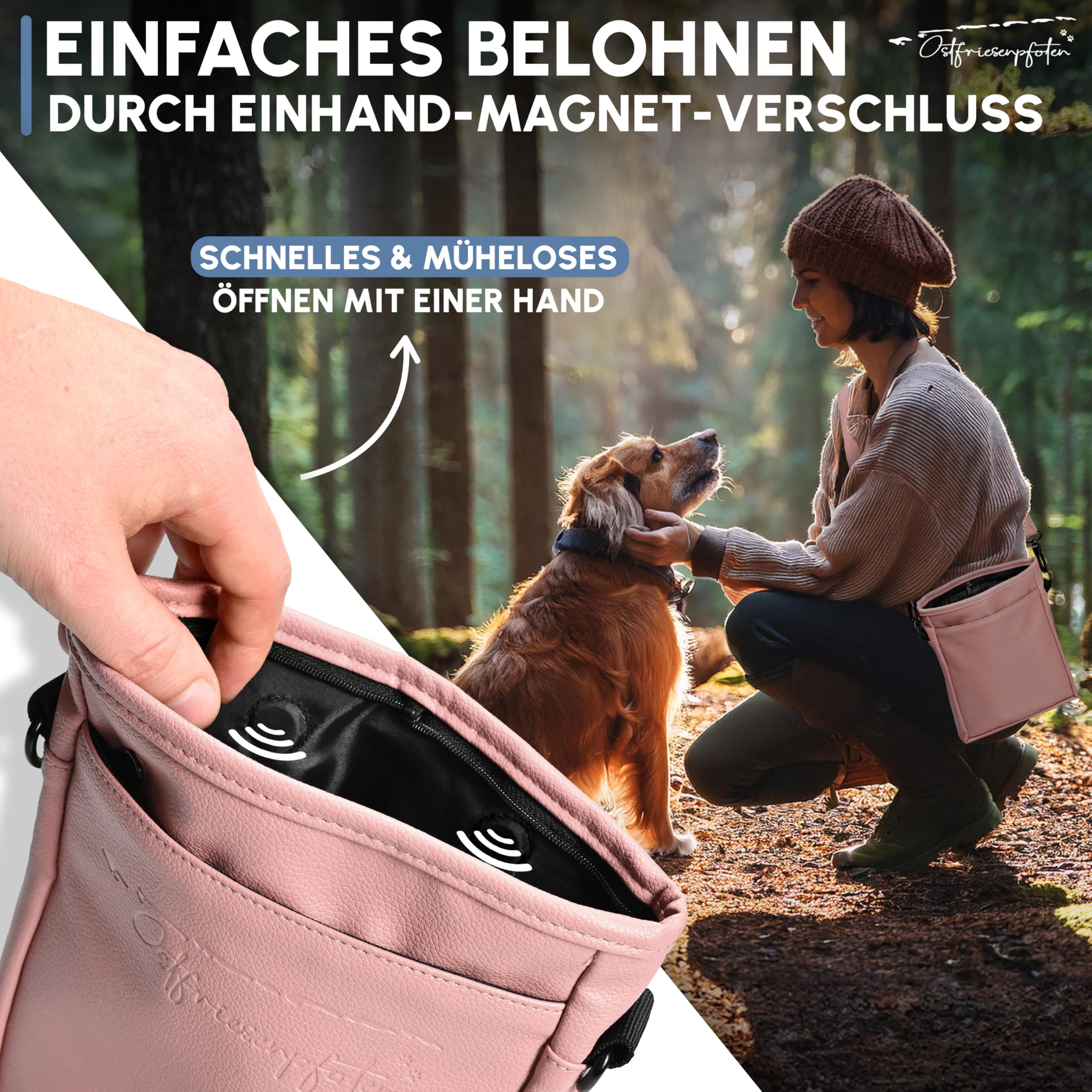 Leckerlibeutel 'Frieda' für Hunde aus hochwertigem Kunstleder - Altrosa Größe L - Futterbeutel mit EasyOpen Einhandmagnetverschluss - Gassitasche für Hunde-Leckerli