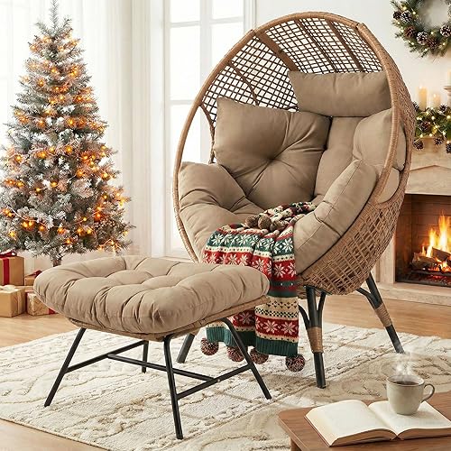 NICESOUL Silla de huevo para interiores y exteriores, silla de descanso grande con otomana, asiento acolchado cómodo de gran tamaño para jaula de