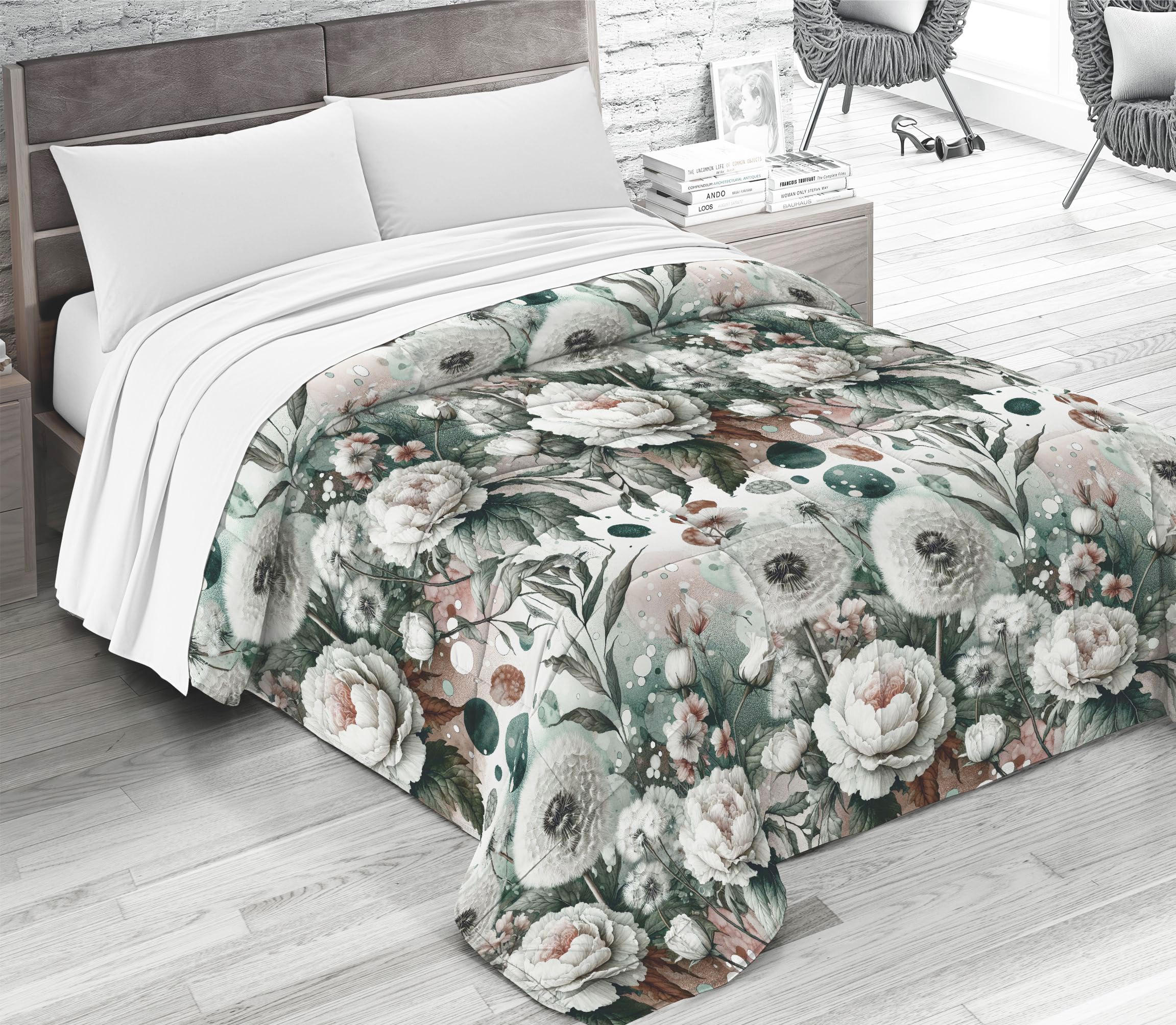 Tata Home Trapunta Invernale Matrimoniale in Calda e Morbida Microfibra 400 gr/mq Piumone Letto Trapuntato 2 Piazze 260X260 cm in Stampa Digitale Fantasia Floreale Made in Italy Mod. Flo 8