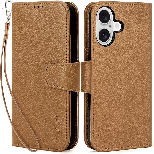 Arae Compatible with iPhone 16 Plus Case Wallet with Card Holder,Wristlet Strap Wallet Flip Cover for iPhone 16 Plus 6.7 inch Men/Women, RFID Blocking, Kickstand, Litchi Brown