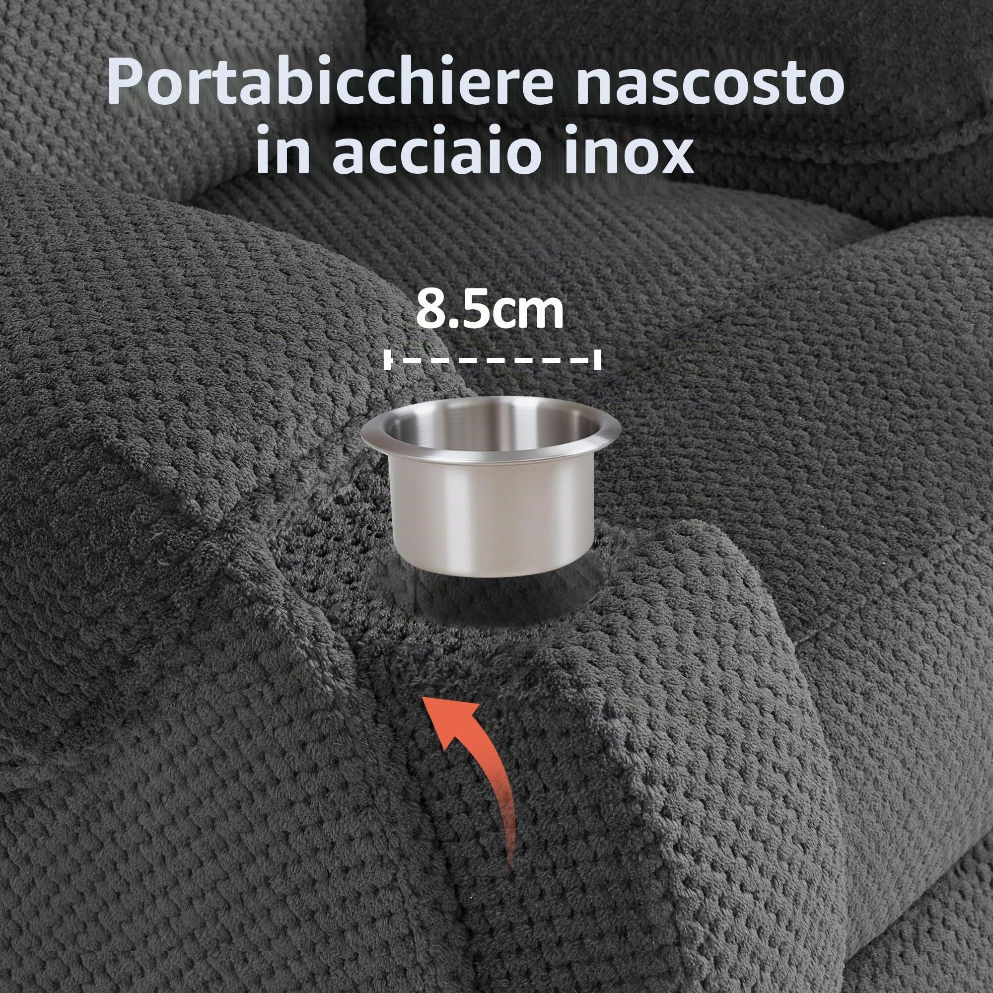 MCombo M Poltrona TV con funzione alzapersona elettrica, con massaggio e riscaldamento, poltrona relax con funzione reclinabile fino a 145°, portabevande nascosti 7252 (Tessuto, Grigio scuro)