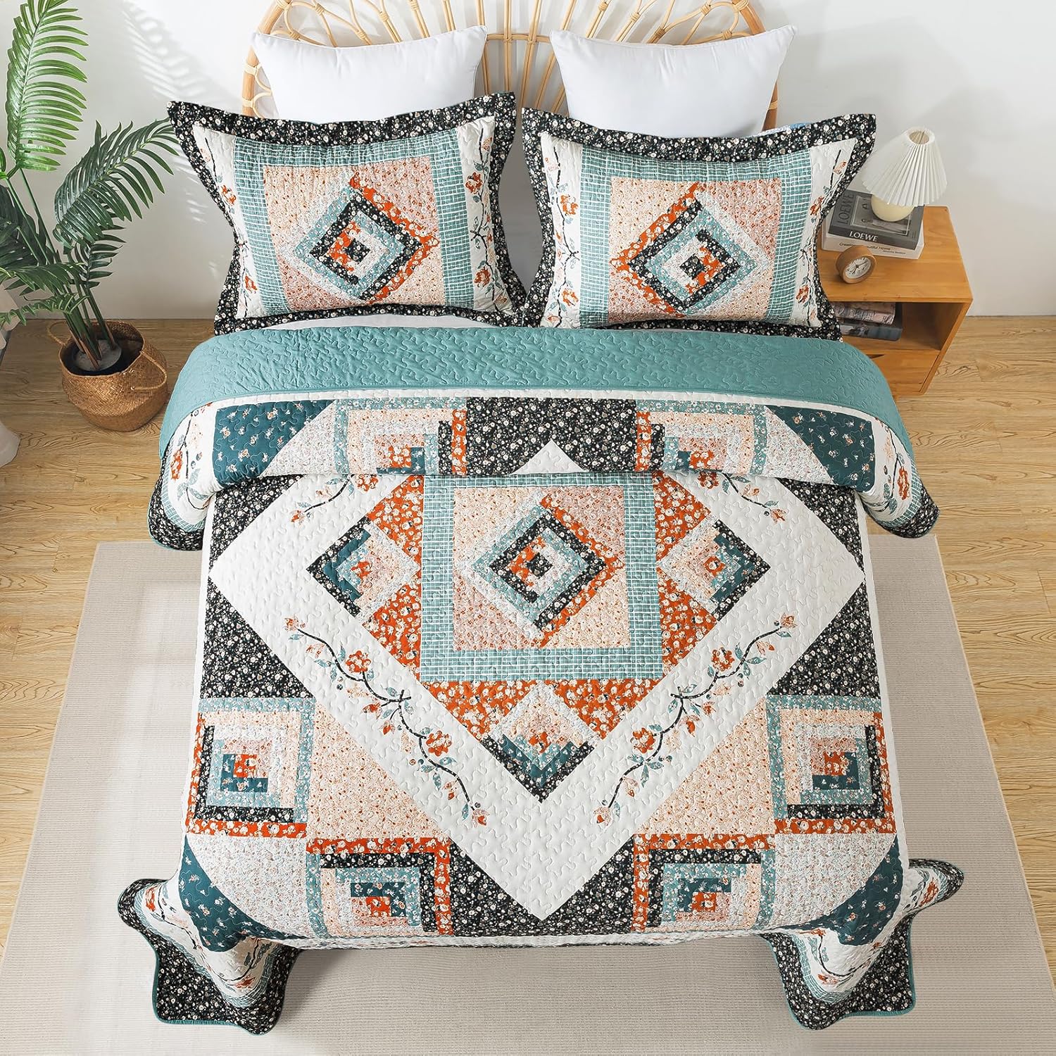 BEDIFANY Cotton King Size Quilt Comforter Set, Lightweight King Quilt Bedding Set (98 x 106 inch) Garden Style Floral Cotton Bedspread Coverlet Set for Bed Decorations - All Seasons, 3 Pieces