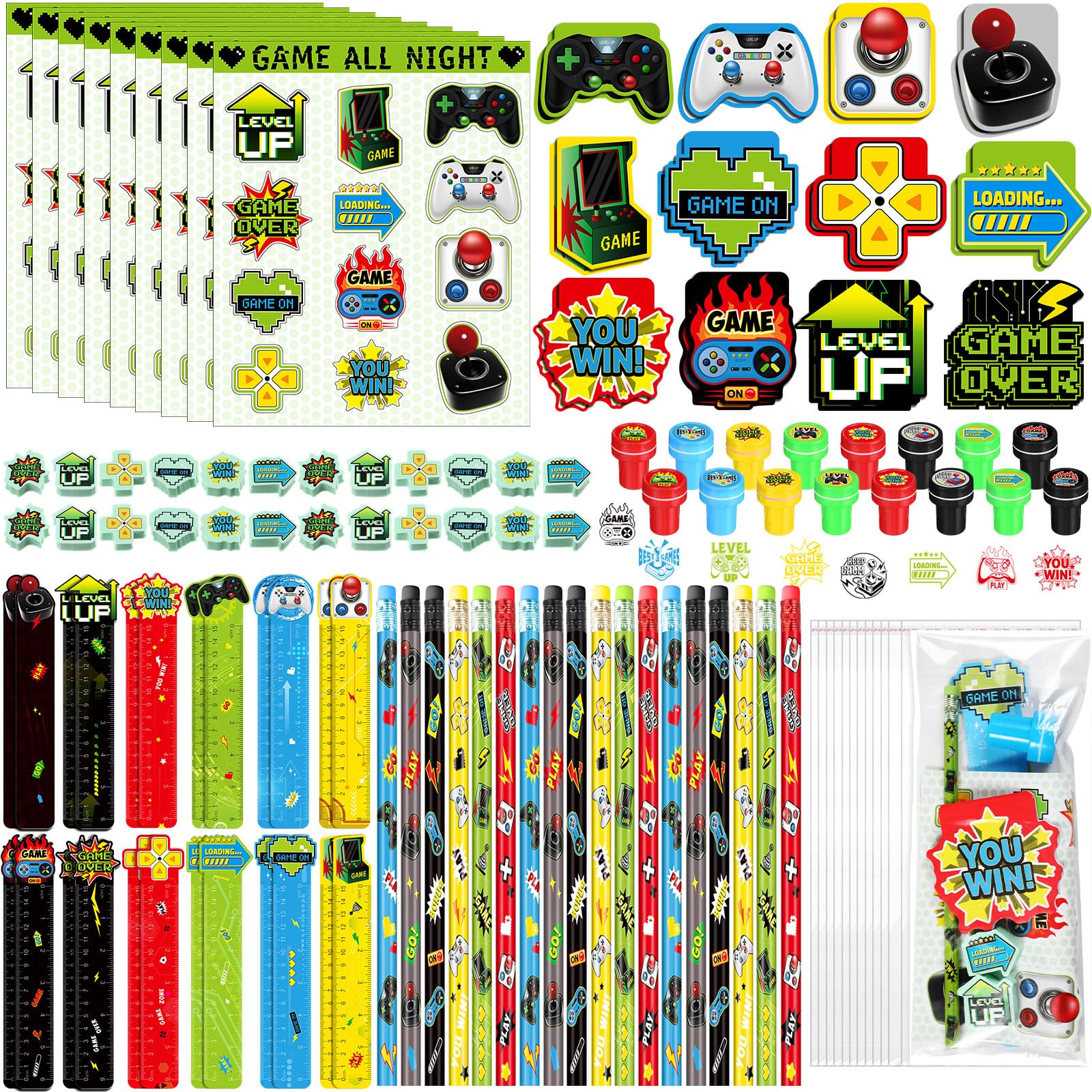 Cholemy 168 Pcs Video Game Party Favors Include Gaming Mini Notebook Gamer Birthday Sticker Pencil Stamper Ruler Eraser for Boy Teen Game Gifts