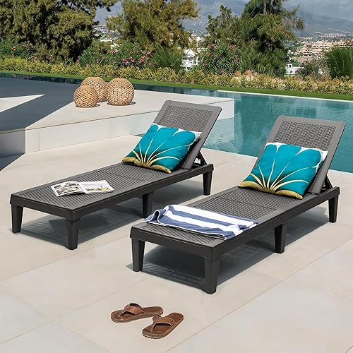 Miniatura 2 de GUNJI Sillas de salón para patio exterior, impermeables, de resina, tumbonas ajustables para exteriores, juego de 2 sillas de piscina, tumbonas para