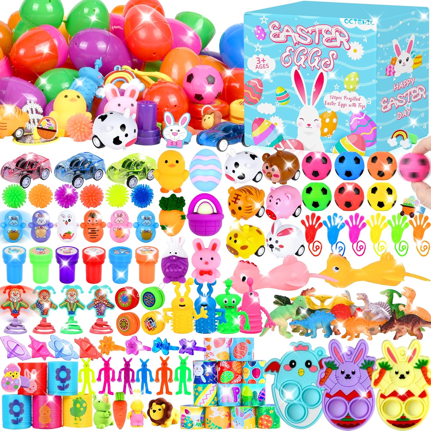 360Pcs Colorful Prefilled Plastic Easter Set, 120 Plactic Eggs Filled with 240 Assorted Party Favors Toys Stickers for Kids Boys Girls Toddlers Easter Eggs Hunt Basket Filler Stuffers Supplies