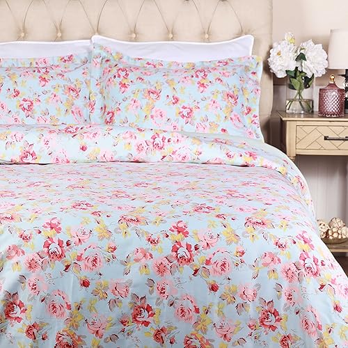 Miniatura 10 de SUPERIOR Juego de funda de edredón de algodón de 300 hilos con fundas de almohada, duradero y transpirable, lavable a máquina, ropa de cama floral