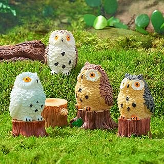 CreWondFu 8pcs Pack 4 pcs Owls and 4 pcs Tree Stumps 8 pcs Set mini Miniature Garden Figurines, Sculpture Decorations, Fairy Garden Accessories,Owl Set Sculpture Animals for Micro Dollhouse