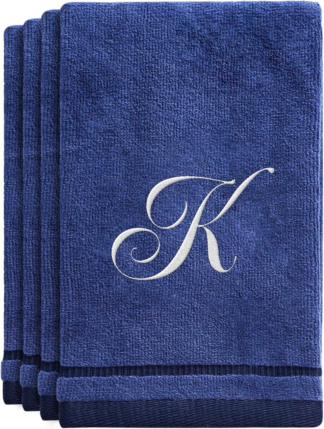 Personalized Initial Fingertip Towels - 4 Pack 11x18 White Embroidery on Navy Blue Towel, Modern Monogrammed Towels, Great Personalized Initial Gift for Women, Teachers, Friends, Bridesmaids Initial K