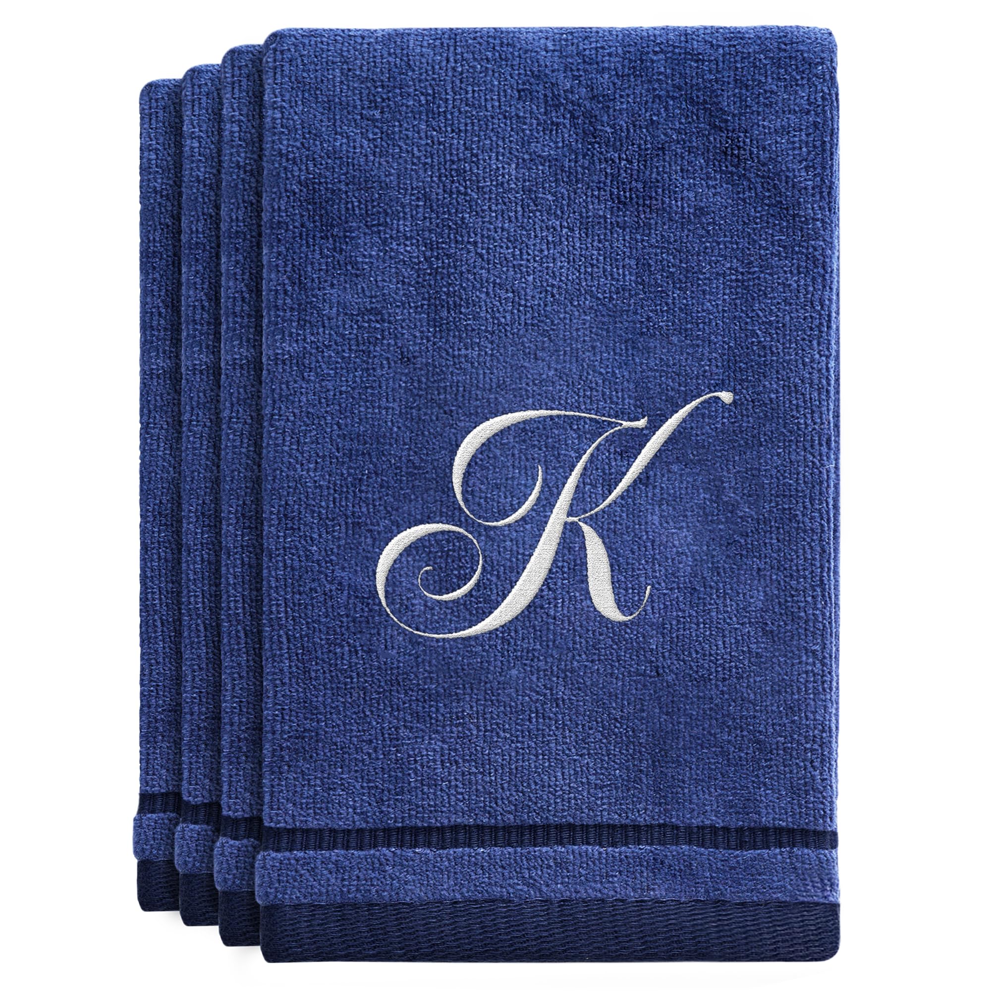 Personalized Initial Fingertip Towels - 4 Pack 11x18 White Embroidery on Navy Blue Towel, Modern Monogrammed Towels, Great Personalized Initial Gift