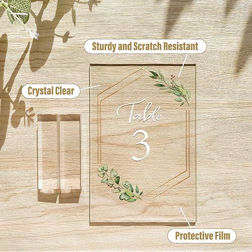 Miniatura 5 de AerWo Números de mesa de boda de madera con soportes, 4 x 6 pulgadas, letreros de boda de doble cara con tema floral, números de mesa rústica del 1