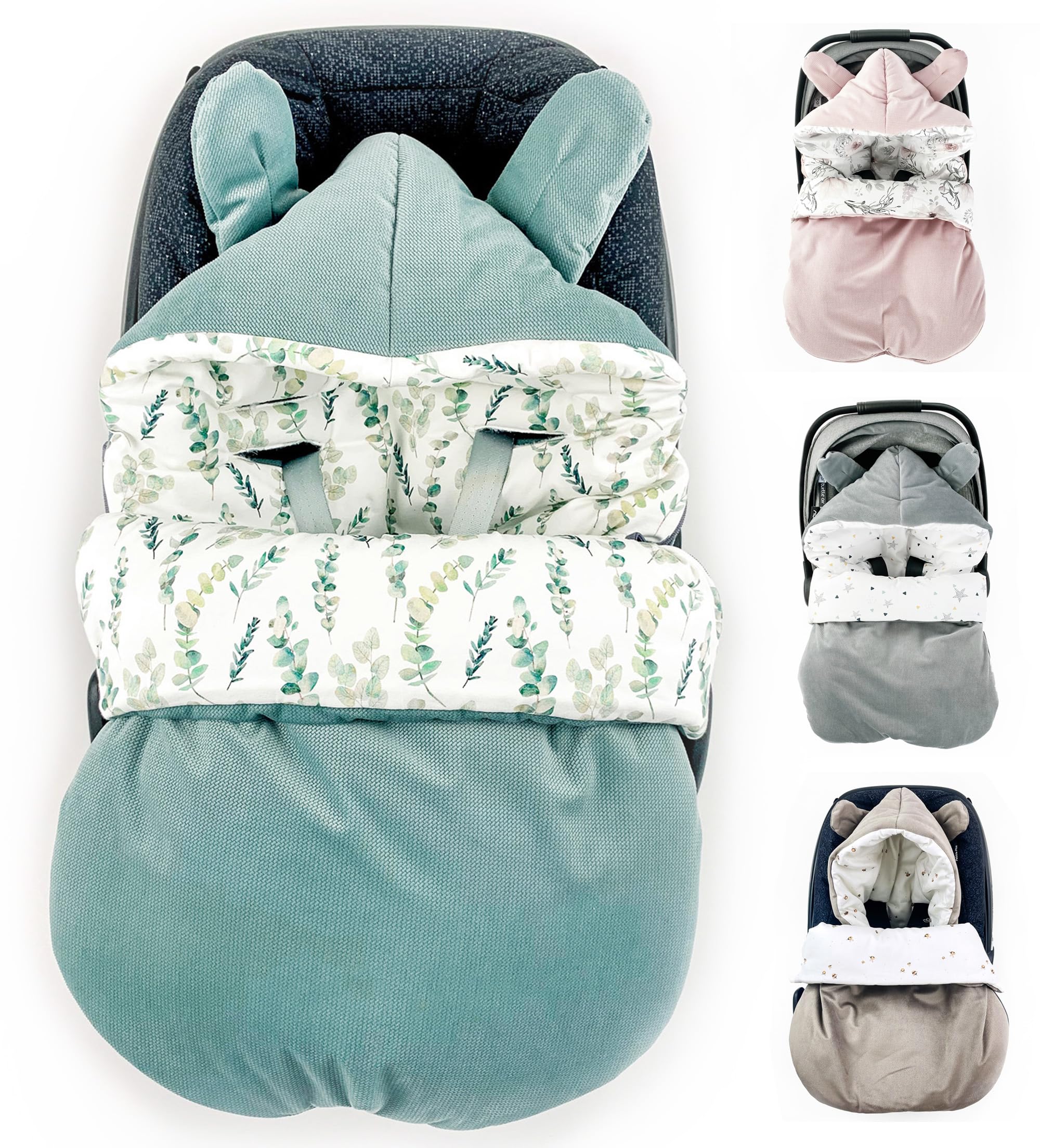 Fußsack für Babyschale Ganzjährig Boucle, Übergang Einschlagdecke universal 3-Punkt Eukalyptus