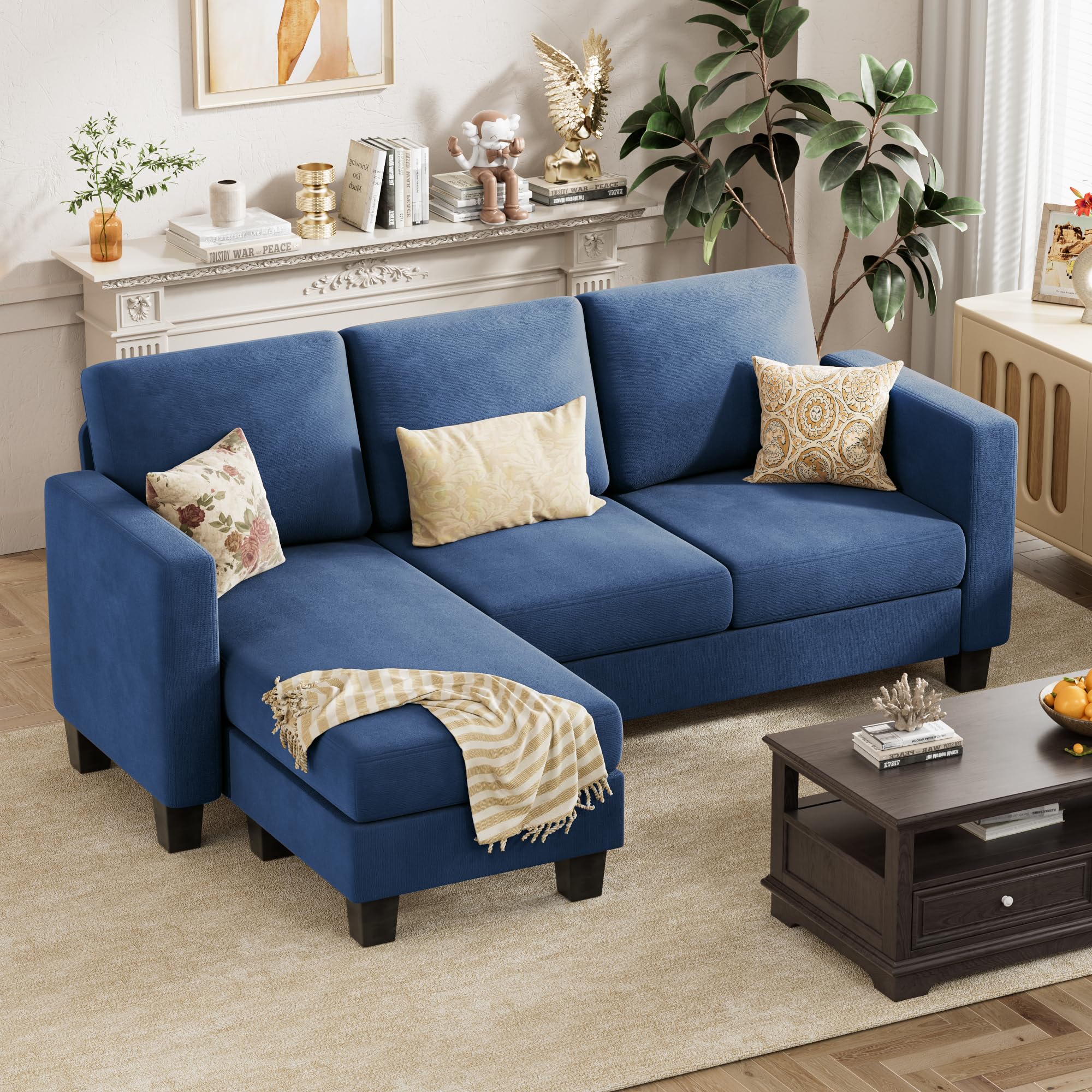 VICTONE Convertible Sectional Sofa Couch, 3 Seat L-Shaped Sofa with Linen Fabric, Movable Ottoman Small Couch for Small Apartments, Living Room and Office (Blue)
