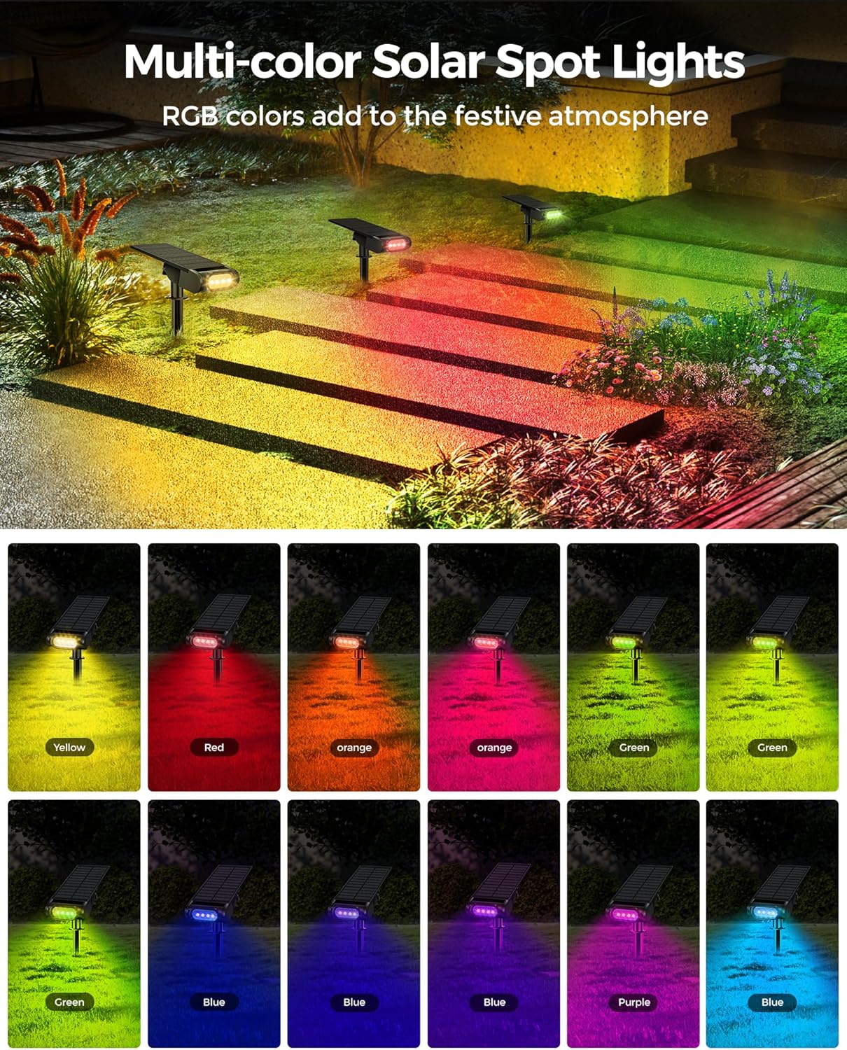 RGB Christmas Solar Spot Lights Outdoor, 12 RGB Color Modes Landscape Light Waterproof IP67 with Remote Control, 2-in-1 Color Changing RGB/Cool/Warm White for Yard Garden Garden (6 Pack)