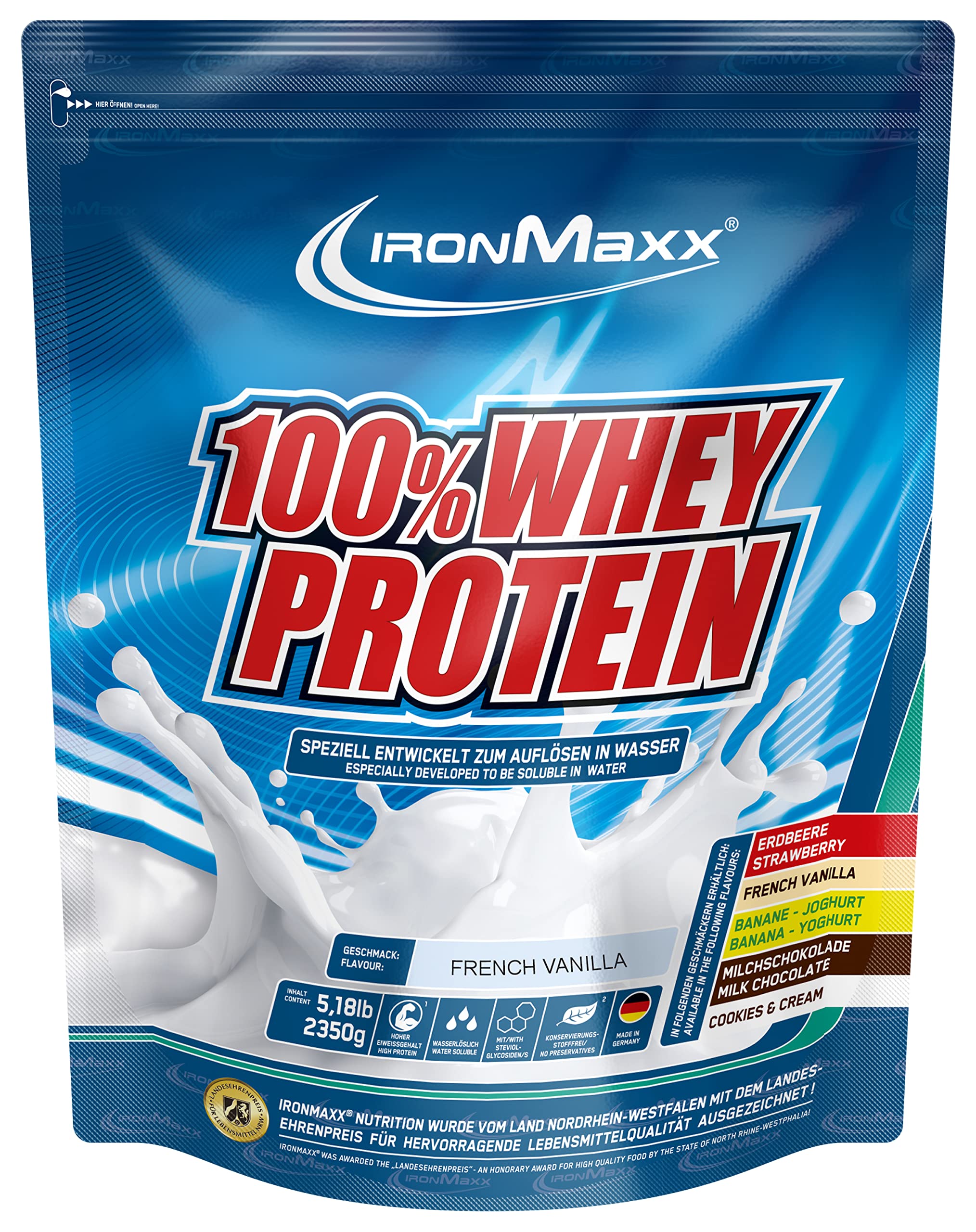 IronMaxx 100% Whey Protein Pulver - French Vanilla 2,35kg Dose | zuckerreduziertes, wasserlösliches Eiweißpulver aus Molkenprotein | viele verschiedene Geschmacksrichtungen