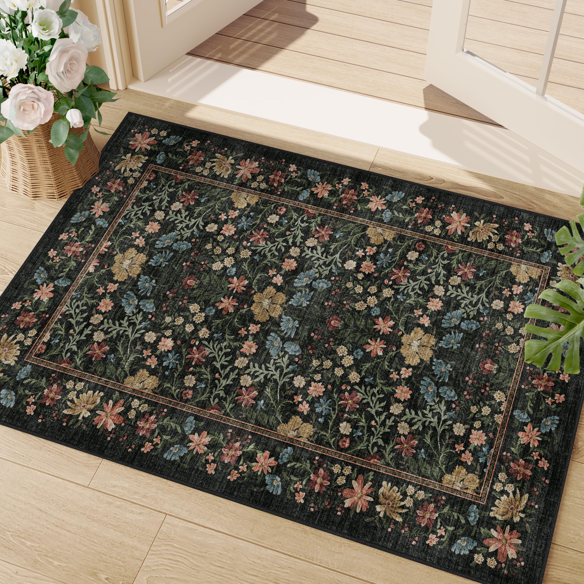 DUKINO 2x3 Entryway Rug Floral Washable Area Rug with Non Slip Indoor Door Mat Vintage Low Pile Small
