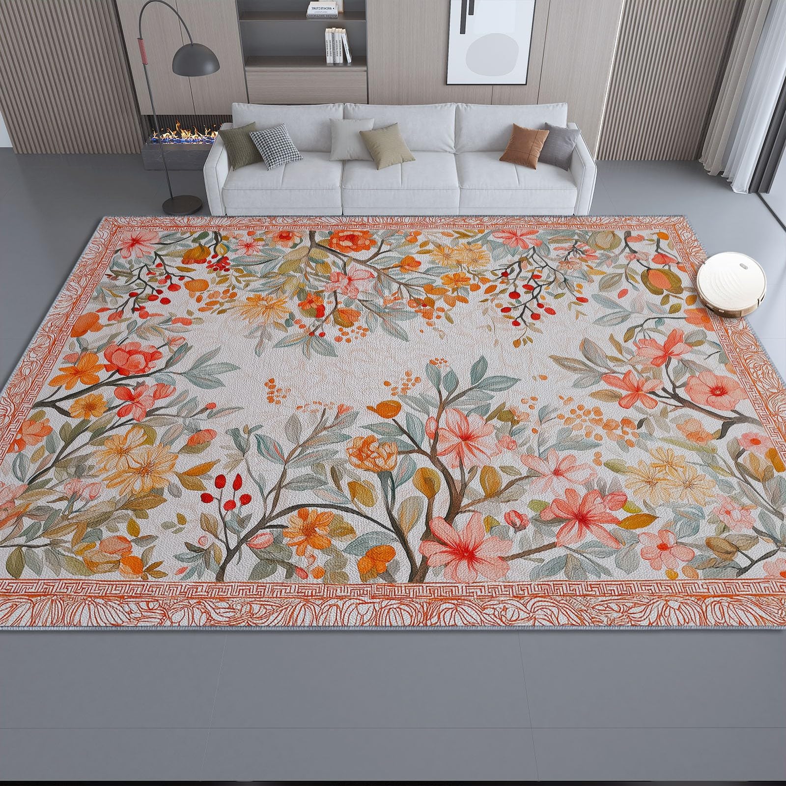 Tapis de salon à poils courts jaune moutarde motif fleurs réalistes