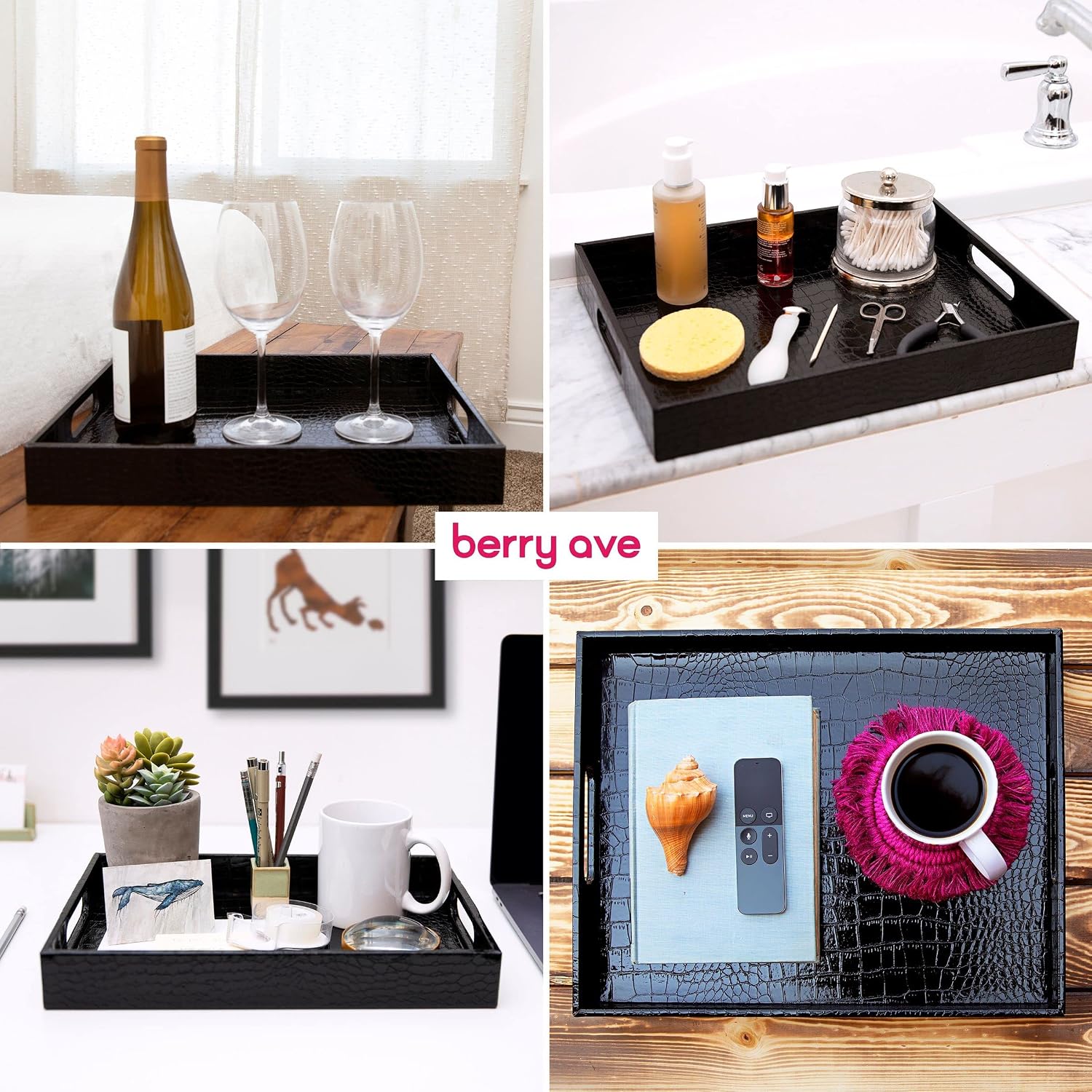 Berry Ave Premium Stylish Ottoman Tray - Chic Decorative Rectangular Serving Tray with Alligator Skin Pattern - Modern & Practical Coffee Table Tray - Perfect for Ottoman, Console, Side Table