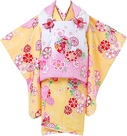 Amazon Co Jp 七五三 着物 3歳 被布セット 女の子 京都 花うさぎ 黄色の着物 白色の被布コート 刺繍入り 桜 毬 フルセット Fe 4 3400 ファッション