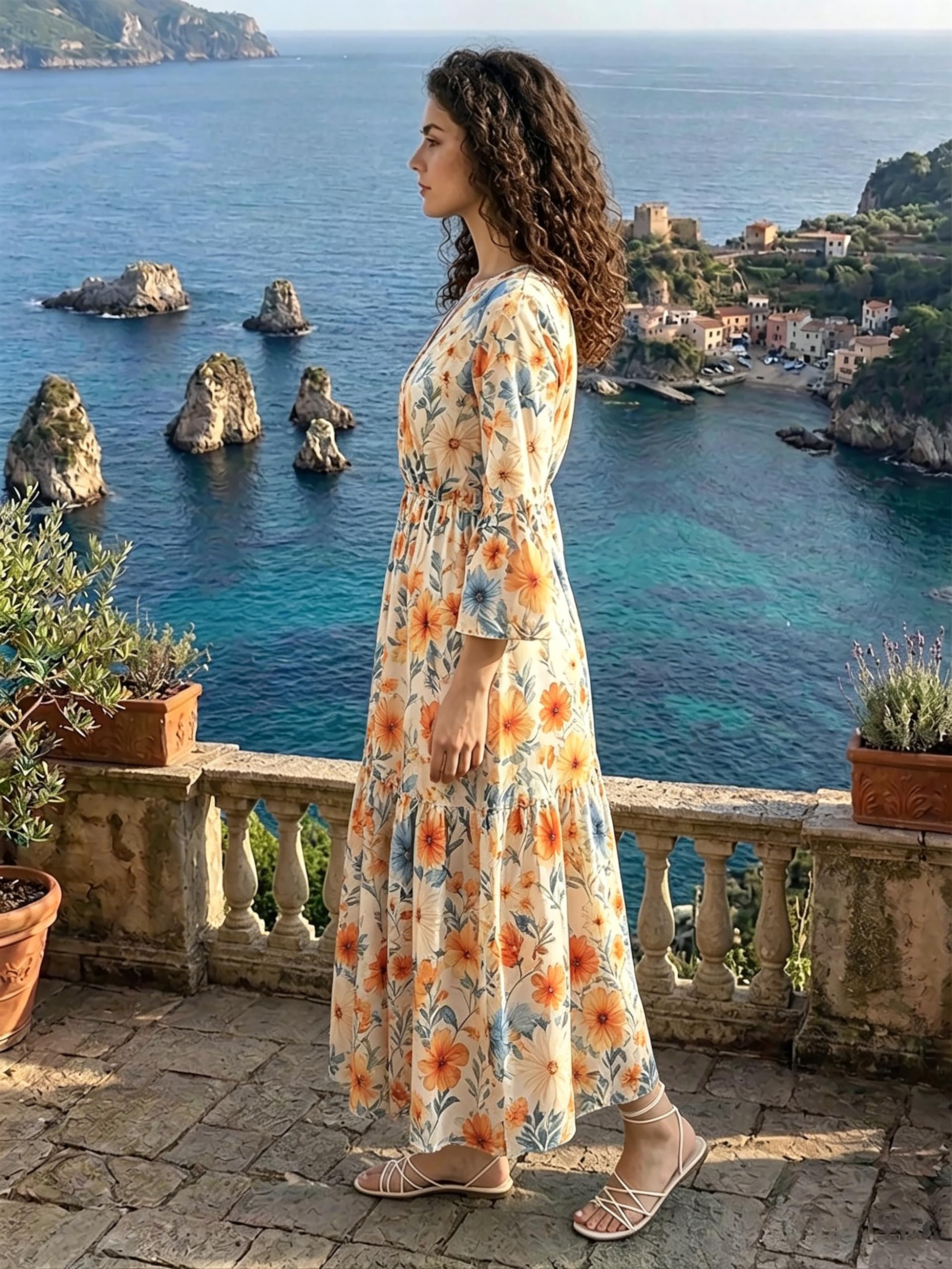 Damen Midi-Kleid Viskose, Elegantes Kleid mit Blumendruck, 3/4 Arm