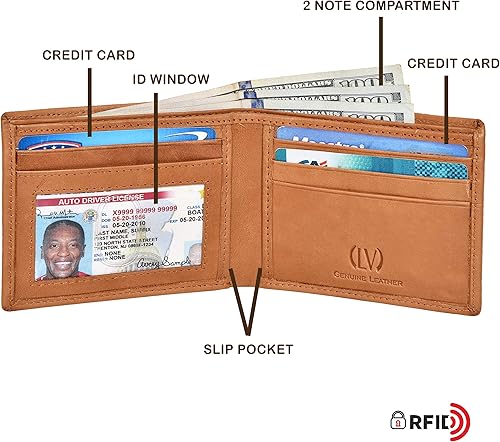 Miniatura 2 de VALENCHI Cartera plegable de cuero genuinoreal para hombres - Bloqueo RFIDcartera delgada para hombre protegida, Lavado Bronceado BF01, Pequeña,