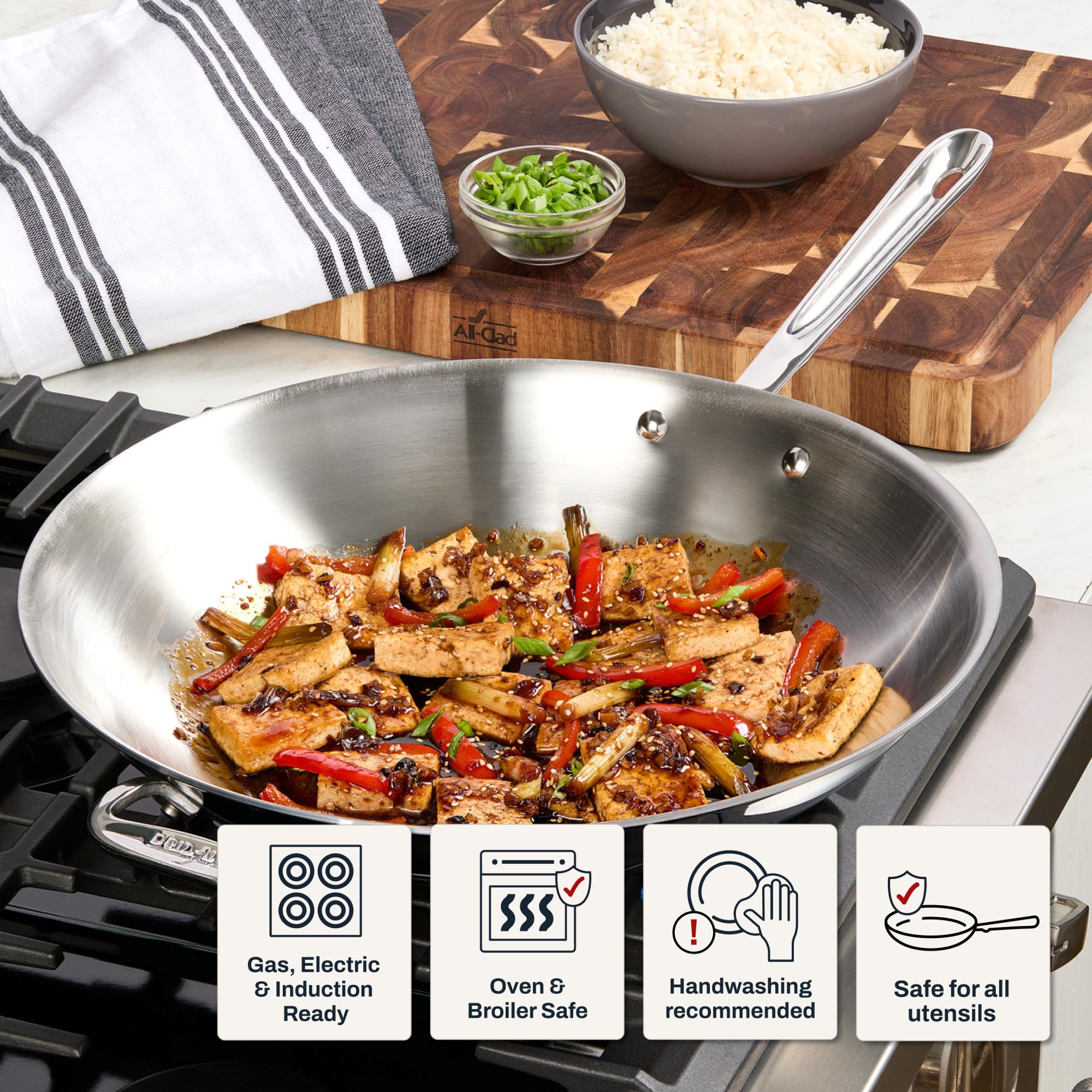 All-Clad D3 Stainless Steel 14 Wok Pan with Lid Made in the USA | The Original Bonded Professional Cookware Wok & Stir Frying Pan Induction Compatible Oven Safe up to 600F product thumbnail 8