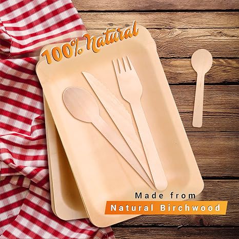 Disposable Biodegradable Plates and Wooden Cutlery - (Pack of 60) 12 7.8-inch Plates 12 Forks 12 Knives 12 Spoons 12 Small Spoons Eco-Friendly Silverware Compostable Flatware Biodegradable