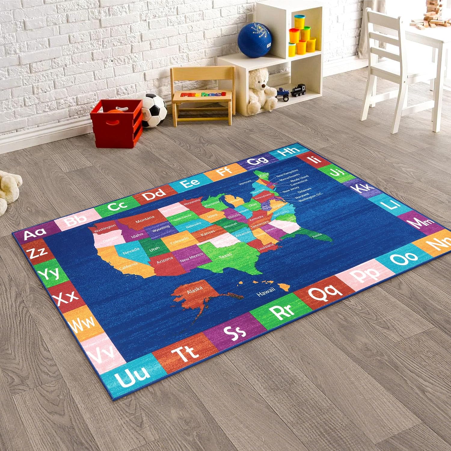 LIVEBOX USA Map ABC Baby Play Mat for Kids Room, 3x5 Ft Alphabet Washable Classroom Rug, Kids Playroom Rug for Educational, Non-Slip Baby Crawling Mat for Nursery Room, Toddlers Room