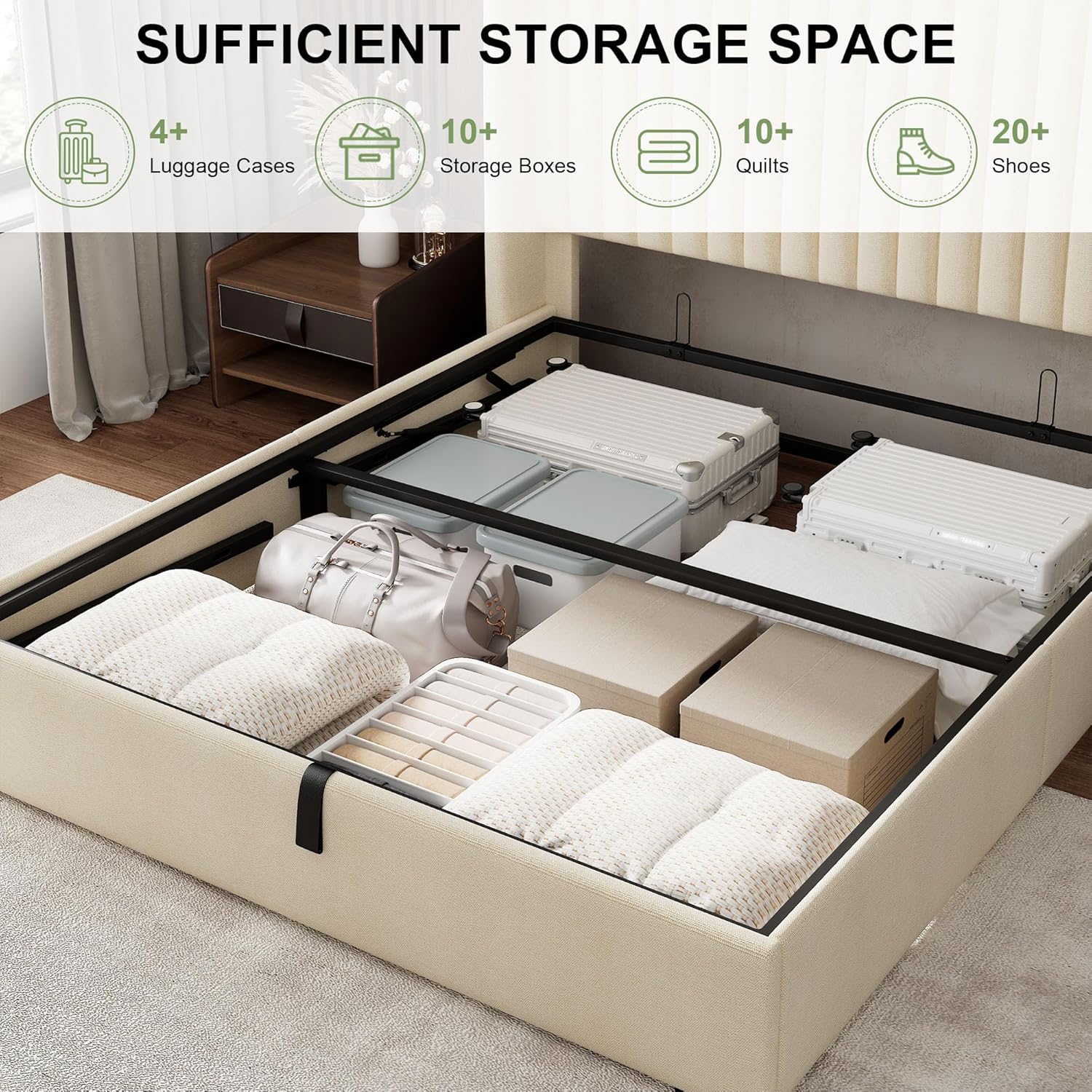 Feonase Queen Size Lift Up Storage Bed Frame, Linen Upholstered Platform Bed Frame with Wingback Headboard, Hydraulic Storage, No Box Spring Needed, Beige