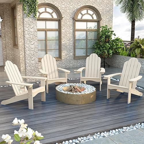 LUE BONA Poly Lumber - Juego de 2 sillas Adirondack color arena con soporte para tazas, 350 libras de resina moderna, silla Adirondack para patio,